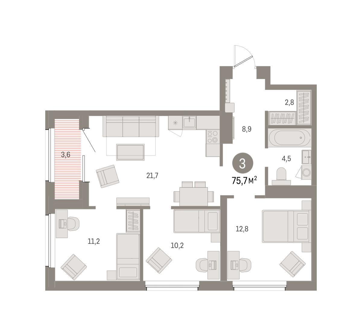 3-комнатная 75 м2 в ЖК Северный ветер корпус null этаж 11