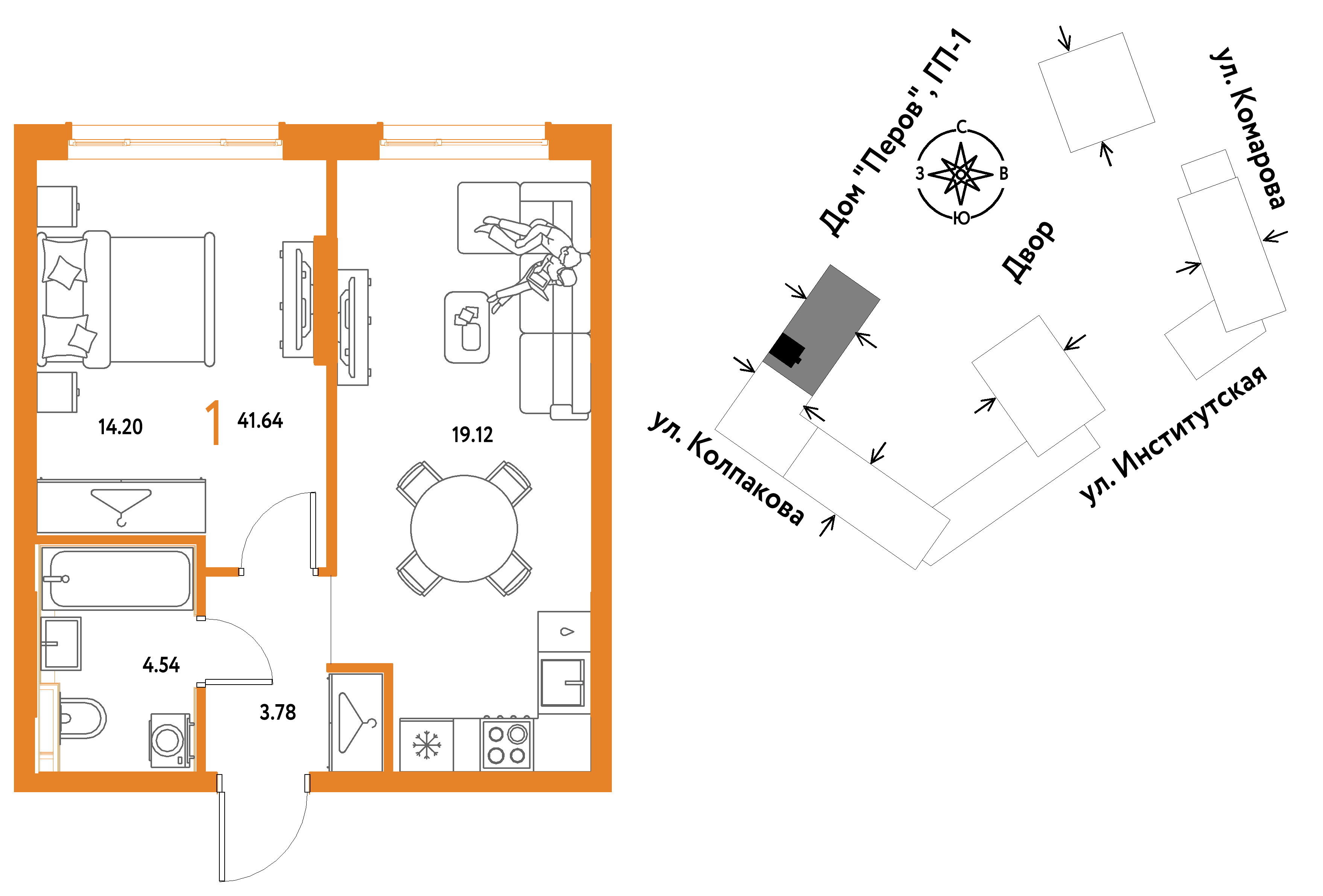 1-комнатная 41 м2 в ЖК Страна.Парковая корпус null этаж 6