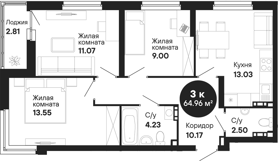 3-комнатная 64 м2 в ЖК undefined корпус null этаж 16
