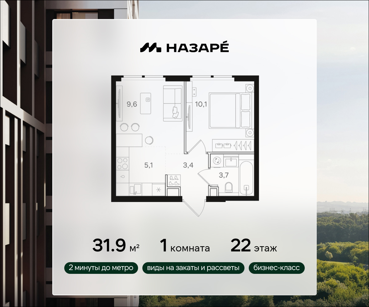 1-комнатная 31 м2 в ЖК НАЗАРÉ корпус null этаж 22