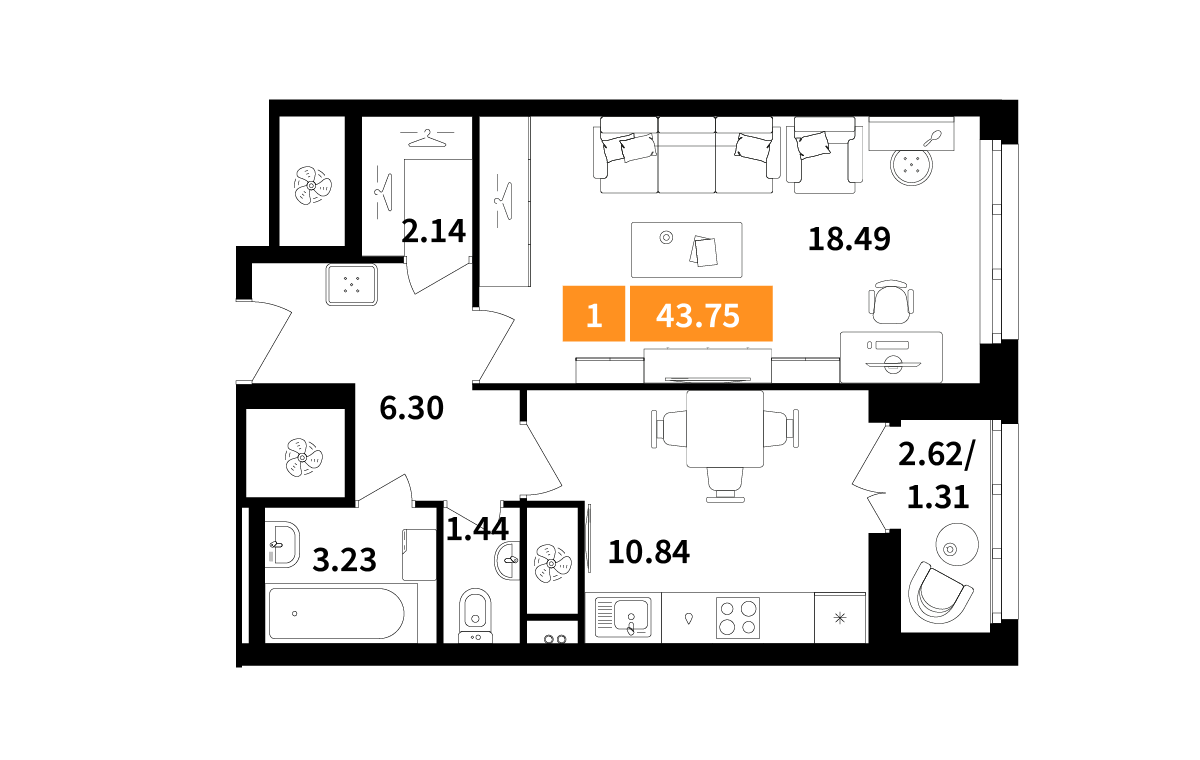 1-комнатная 43 м2 в ЖК Планерный квартал корпус null этаж 10