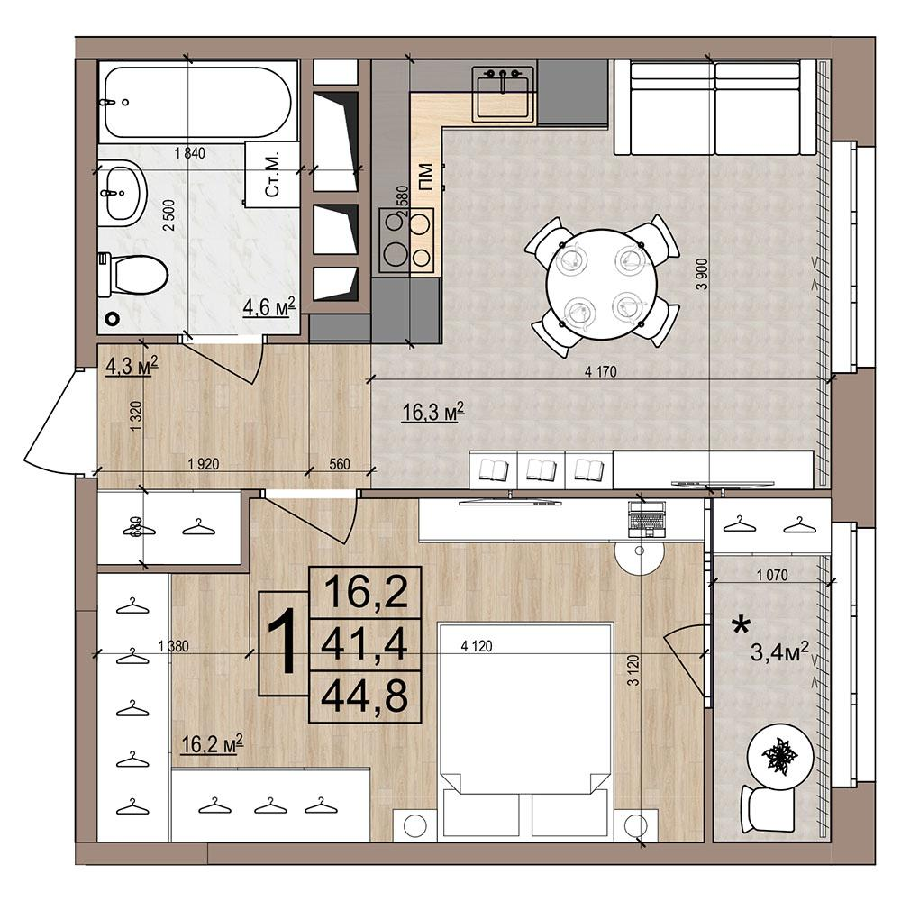 1-комнатная 44 м2 в ЖК Гранд Комфорт-2 корпус null этаж 10