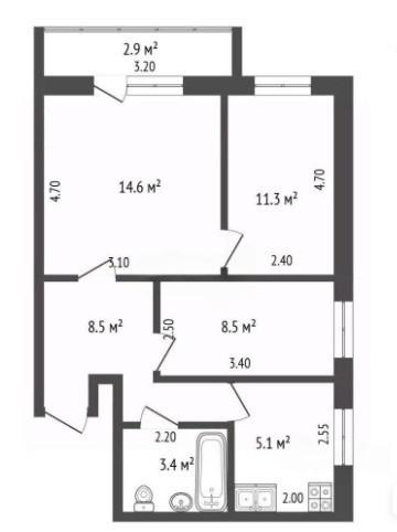 3-комнатная 51.9 м2 в ЖК undefined корпус null этаж 5