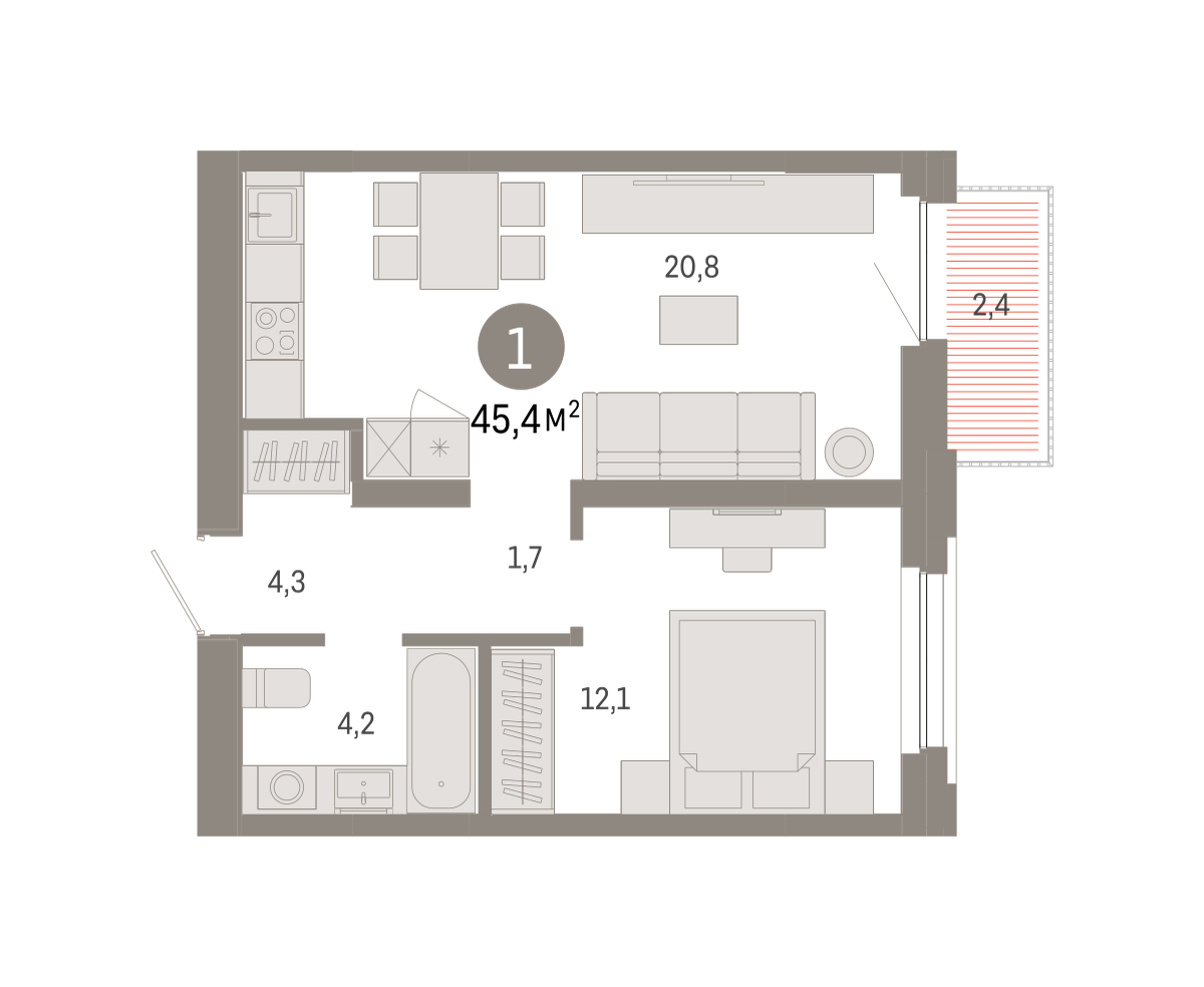 1-комнатная 45 м2 в ЖК Зарека корпус null этаж 2