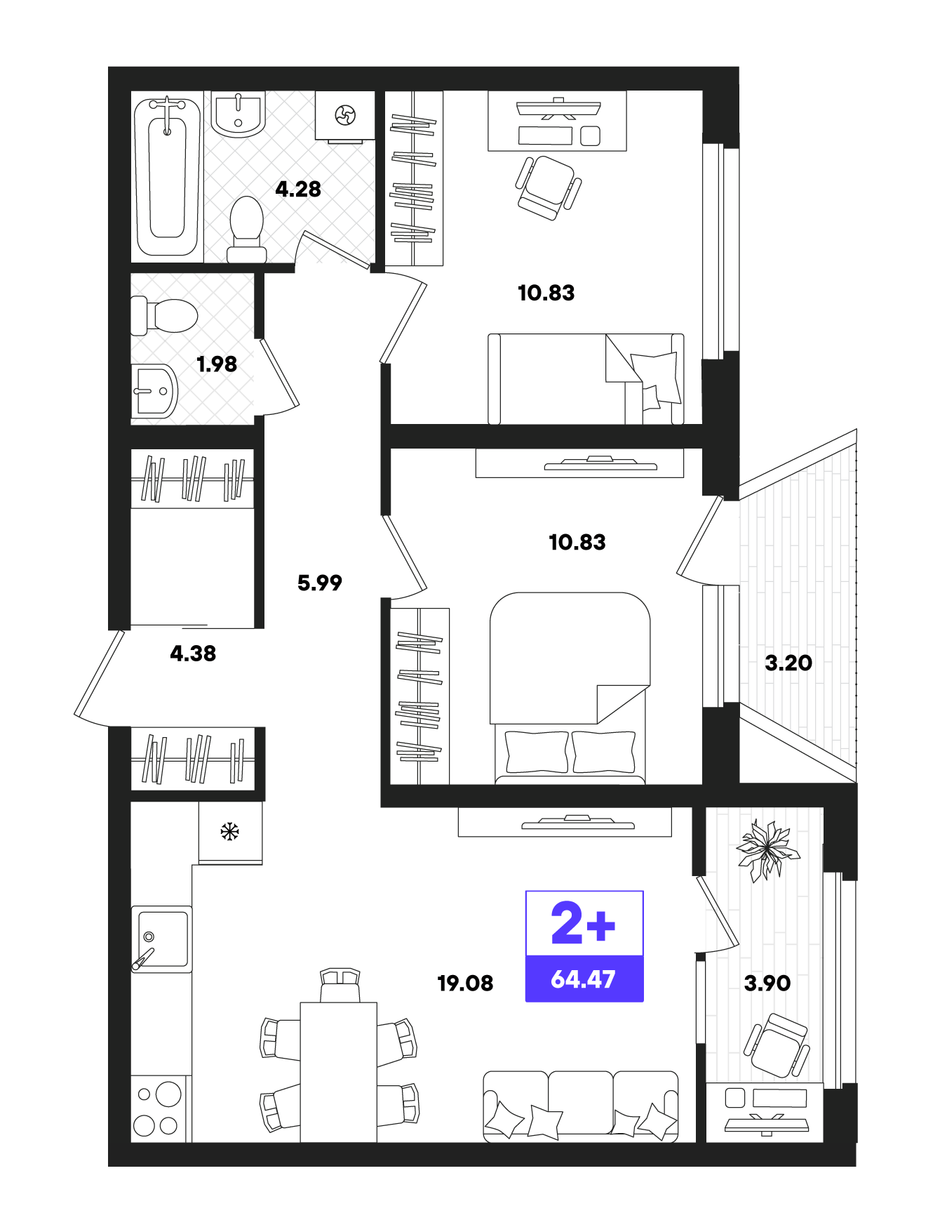 2-комнатная 64 м2 в ЖК Отличие корпус null этаж 22