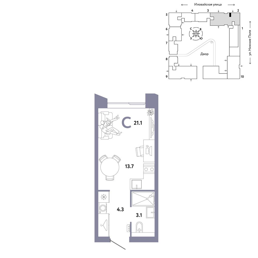1-комнатная 21 м2 в ЖК Страна.Заречная корпус null этаж 5