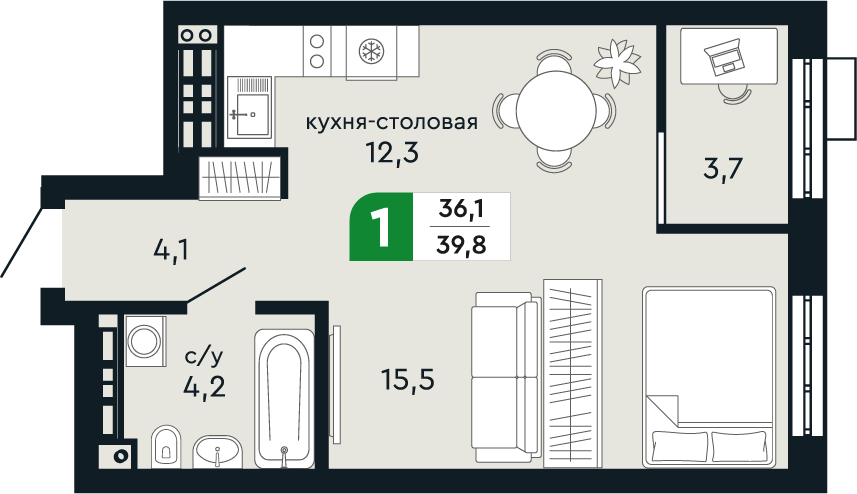 1-комнатная 39 м2 в ЖК Green Park корпус null этаж 12
