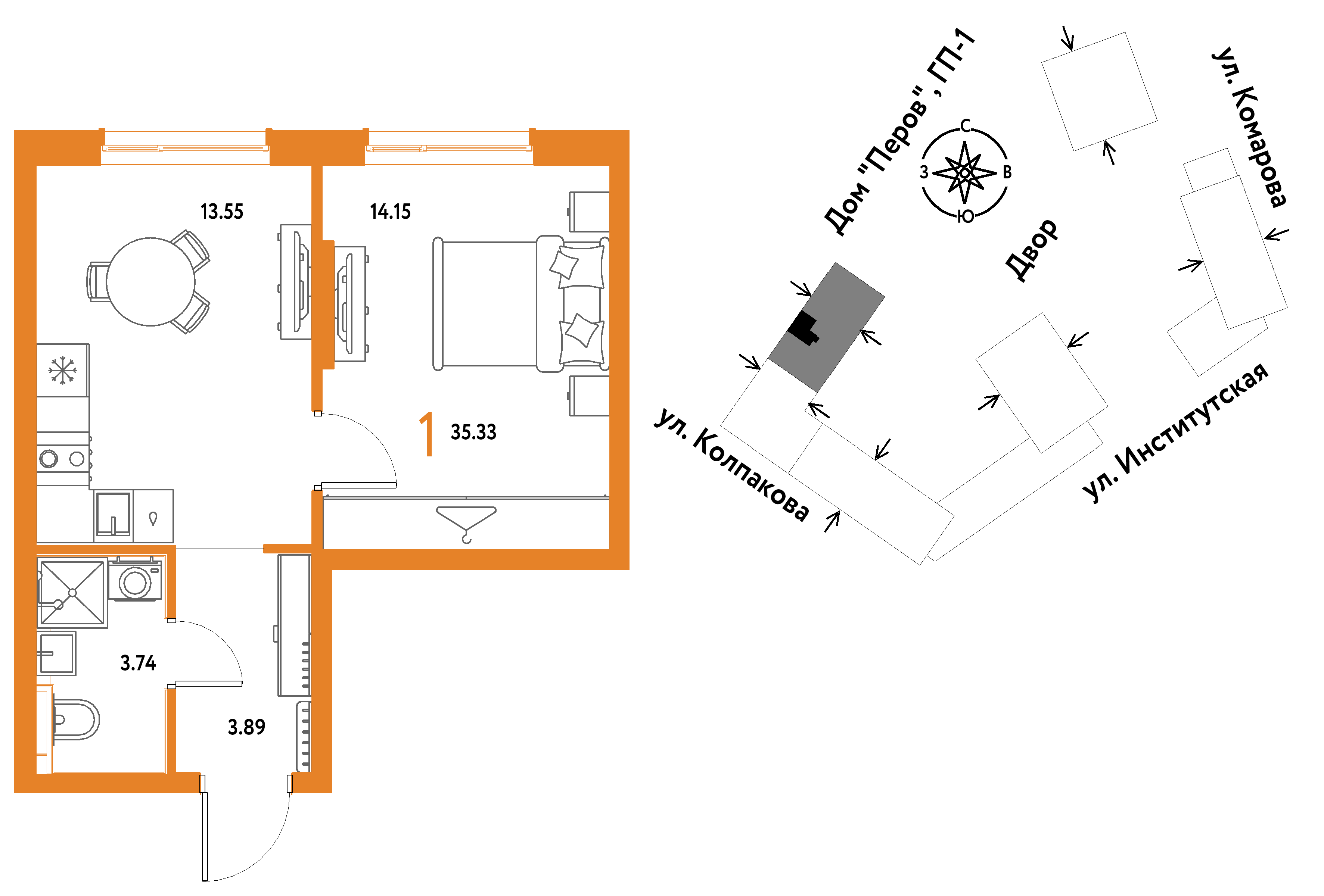 1-комнатная 35 м2 в ЖК Страна.Парковая корпус null этаж 15