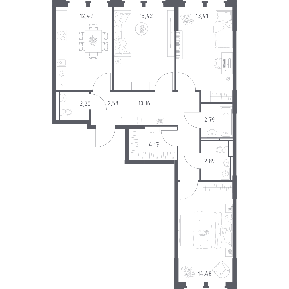 3-комнатная 78 м2 в ЖК Космический Квартал корпус null этаж 3