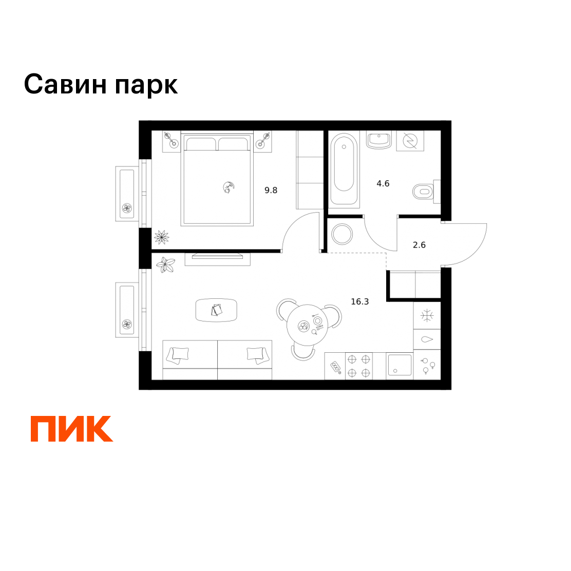 1-комнатная 33 м2 в ЖК Савин парк корпус null этаж 5