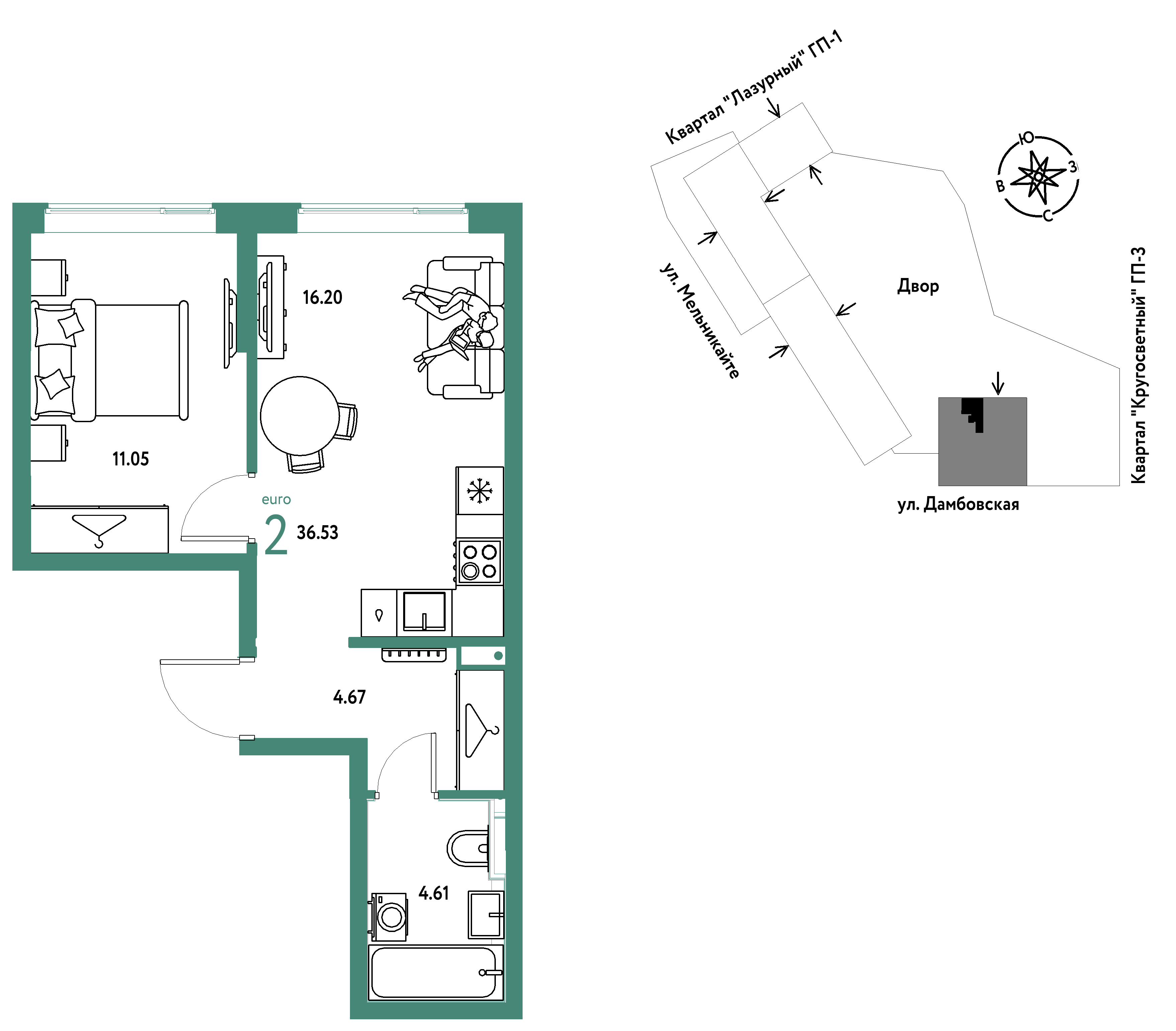 2-комнатная 36 м2 в ЖК Страна.Прибрежная корпус null этаж 13