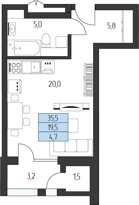 Студия 32 м2 в ЖК Горы Здесь корпус null этаж 2