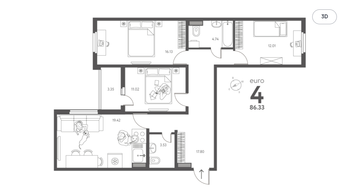 3-комнатная 88.3 м2 в ЖК undefined корпус null этаж 13