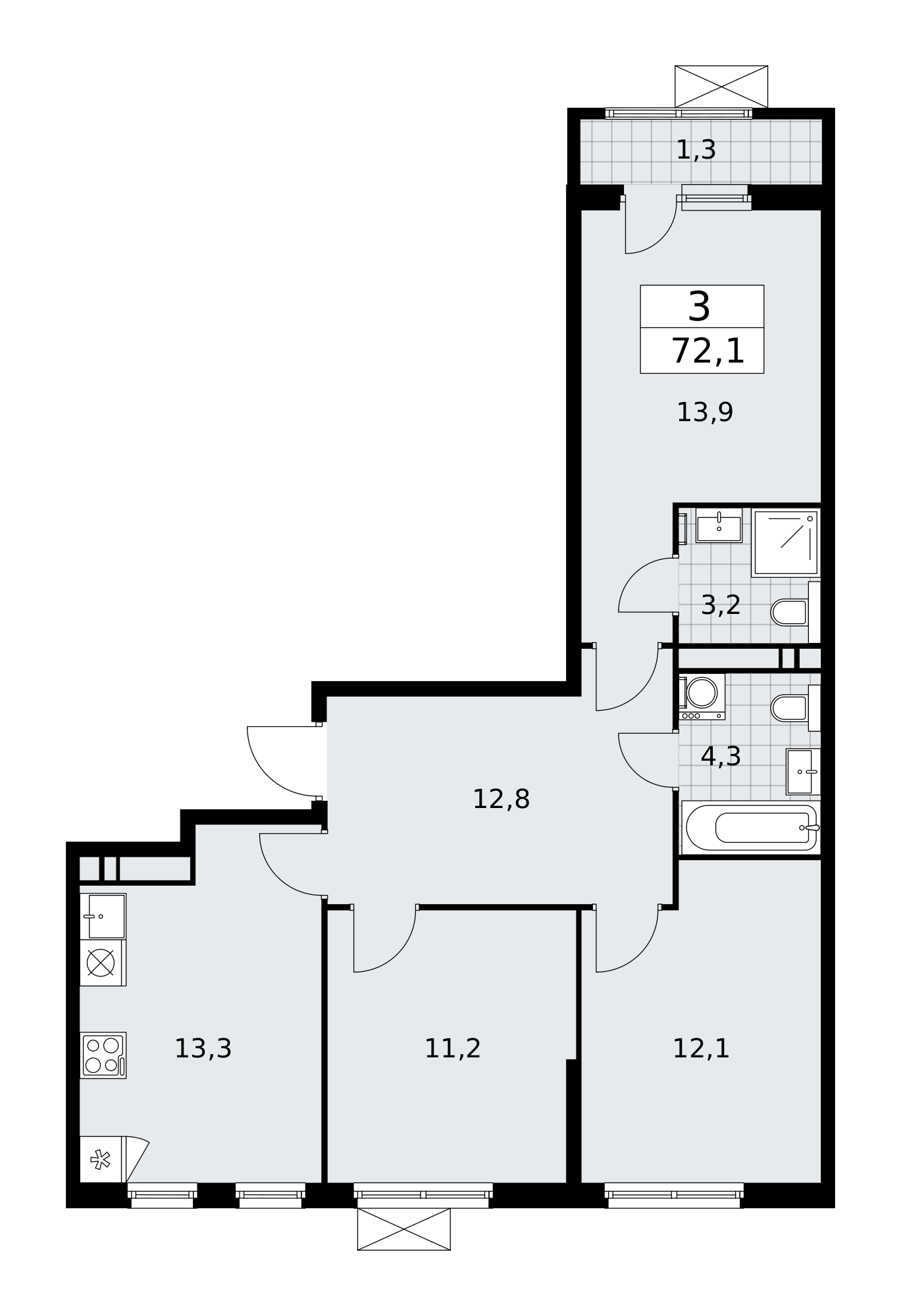 3-комнатная 72 м2 в ЖК Прокшино корпус null этаж 13