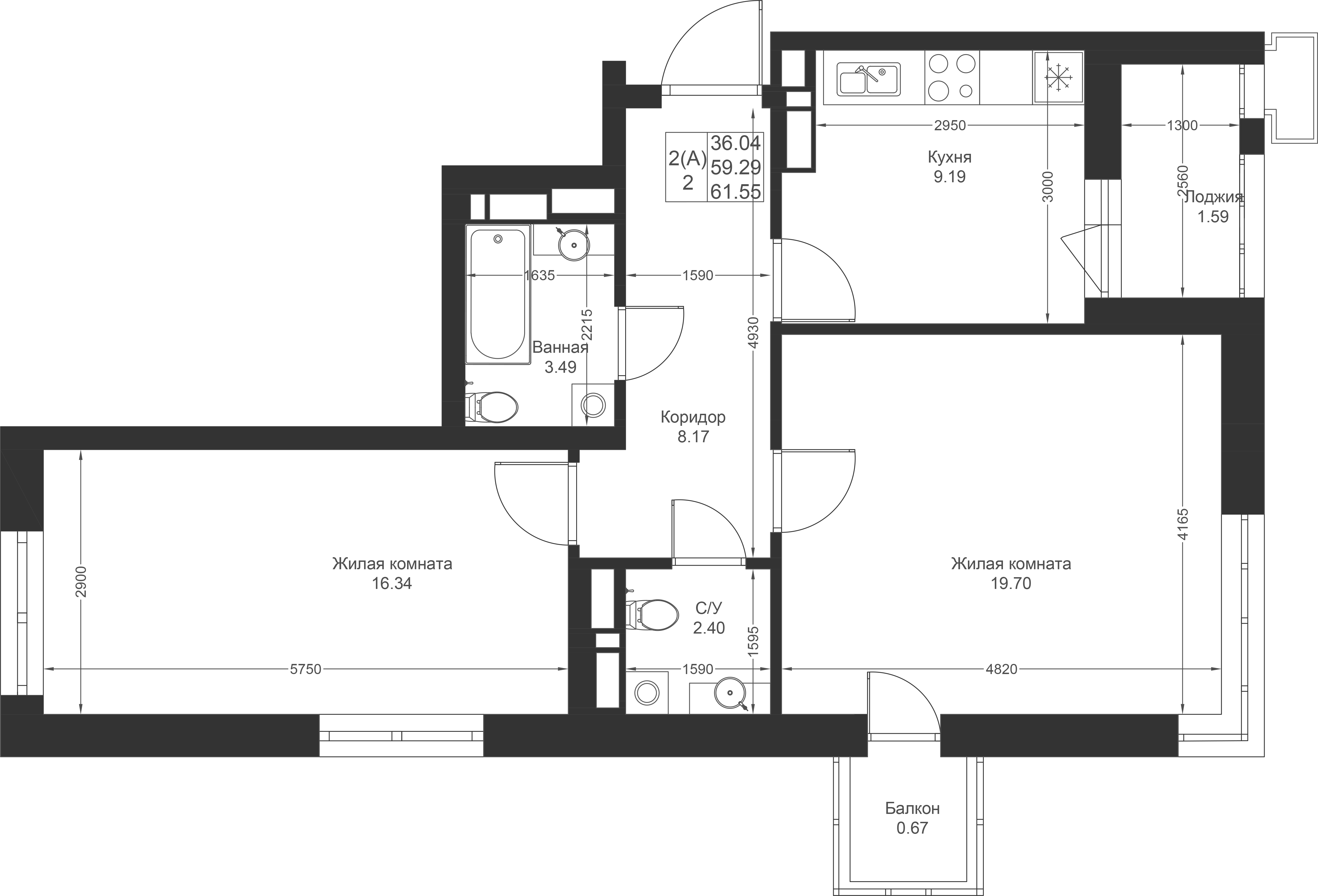 2-комнатная 61 м2 в ЖК Солнечный город корпус null этаж 8