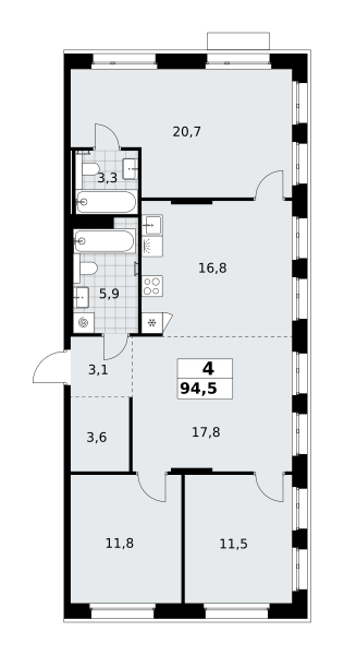 4-комнатная 94 м2 в ЖК Хольм корпус null этаж 4