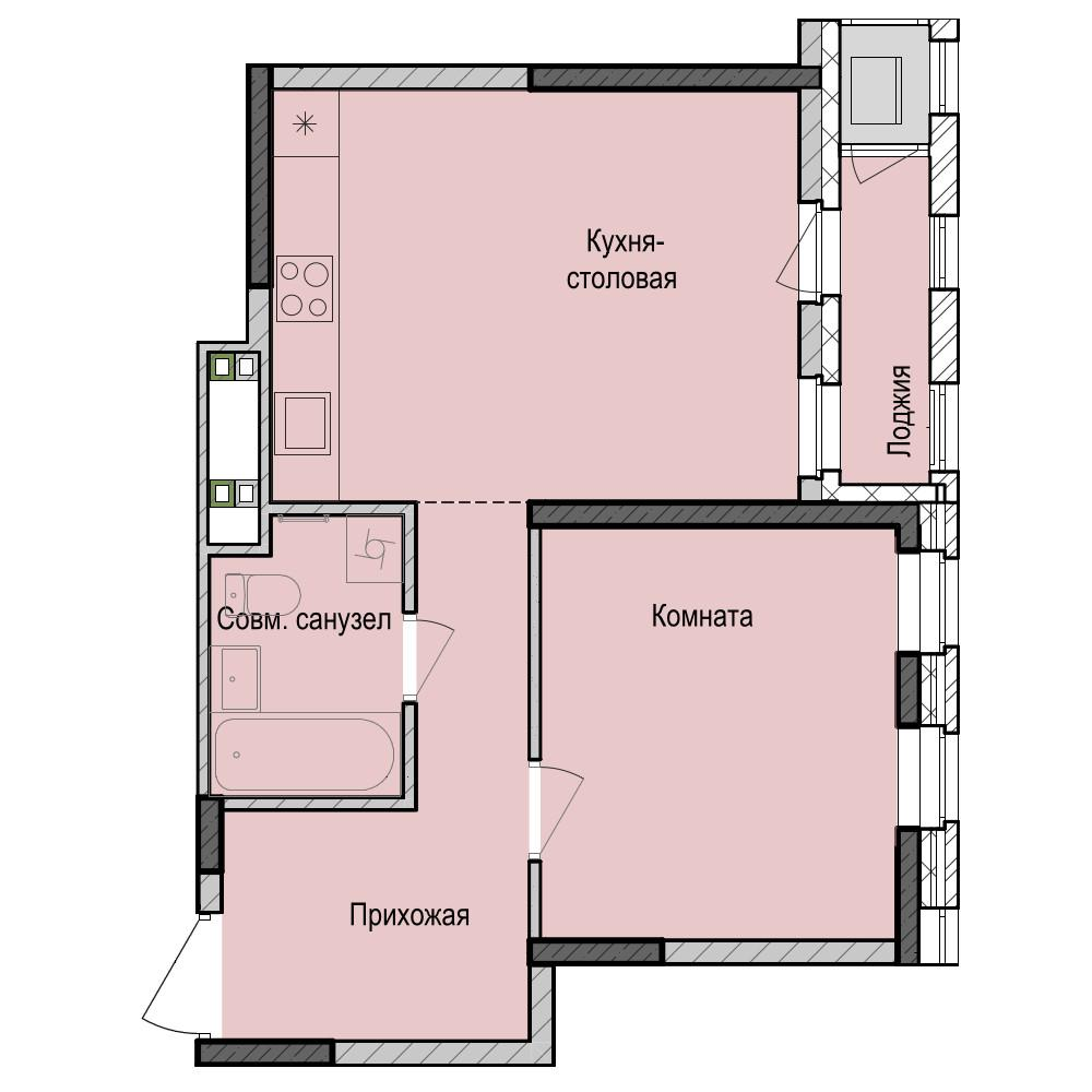 1-комнатная 42 м2 в ЖК Унай корпус null этаж 2