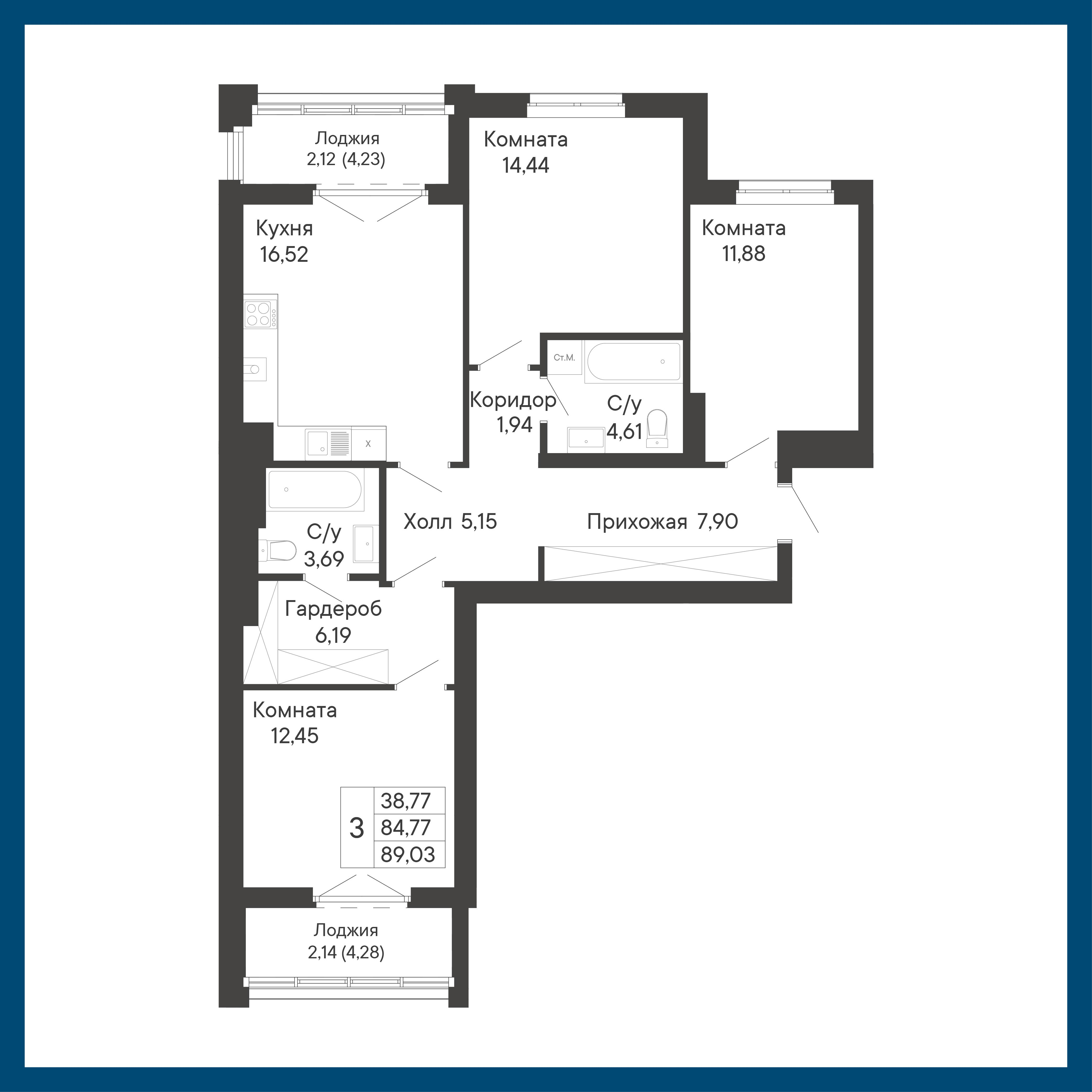 3-комнатная 89 м2 в ЖК Курортный квартал «Ривьера» корпус null этаж 3