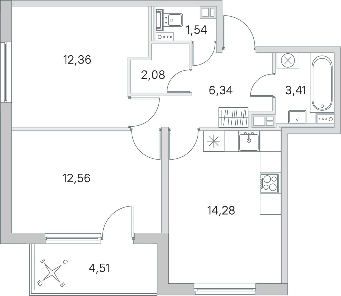 2-комнатная 54 м2 в ЖК Любоград корпус null этаж 2