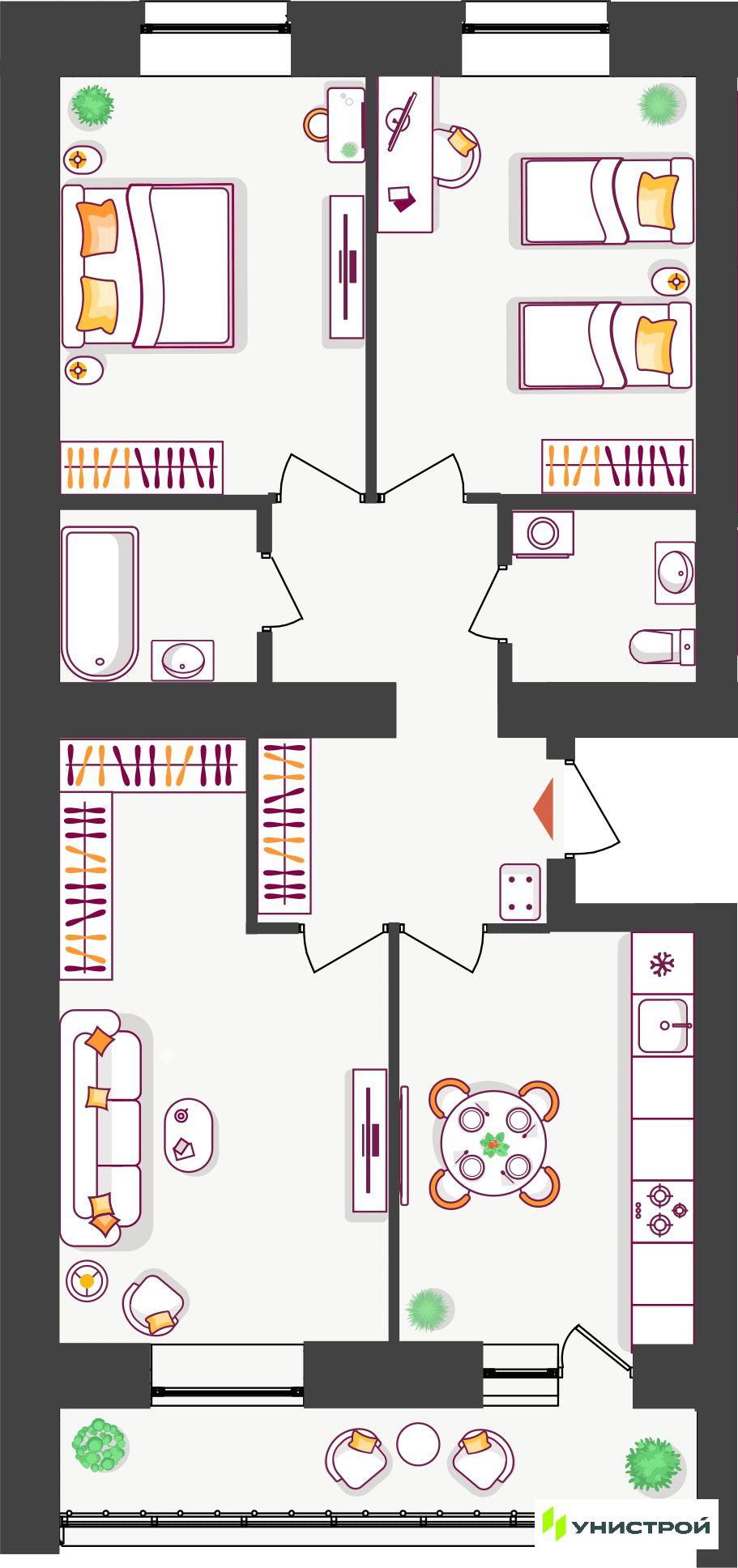 3-комнатная 74 м2 в ЖК Южный бульвар корпус null этаж 1