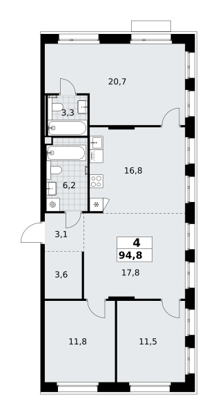 4-комнатная 94 м2 в ЖК Хольм корпус null этаж 2