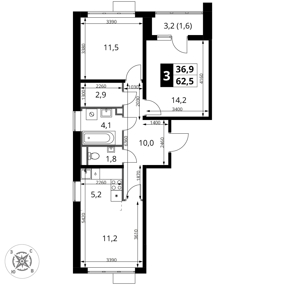 3-комнатная 62 м2 в ЖК 1-й Шереметьевский корпус null этаж 2