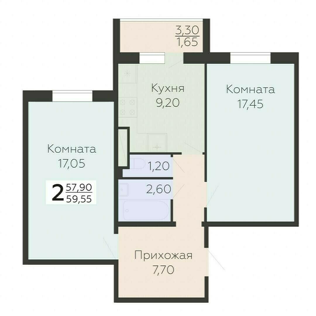 2-комнатная 59 м2 в ЖК Ленский корпус null этаж 11