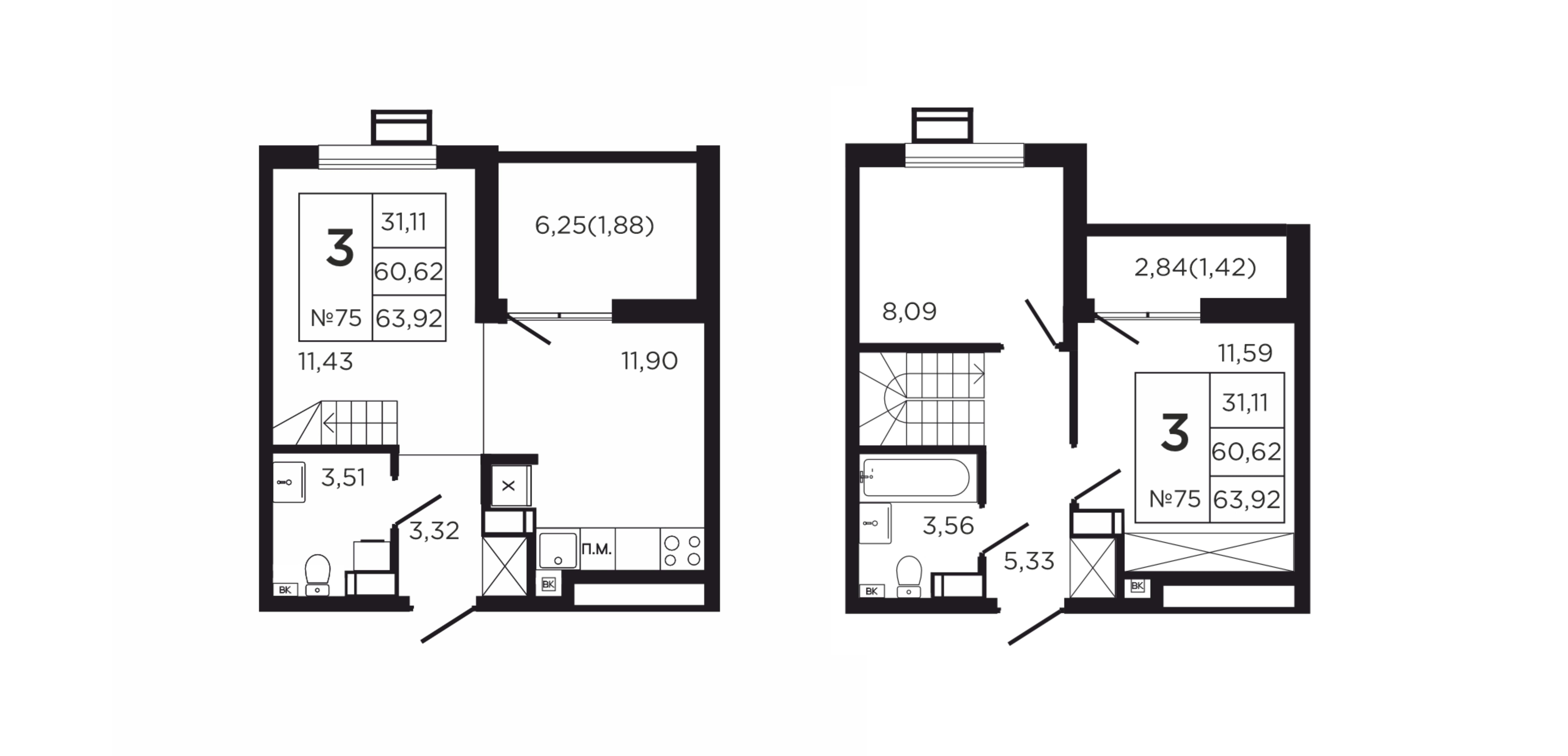 3-комнатная 68 м2 в ЖК Соседи корпус null этаж 8