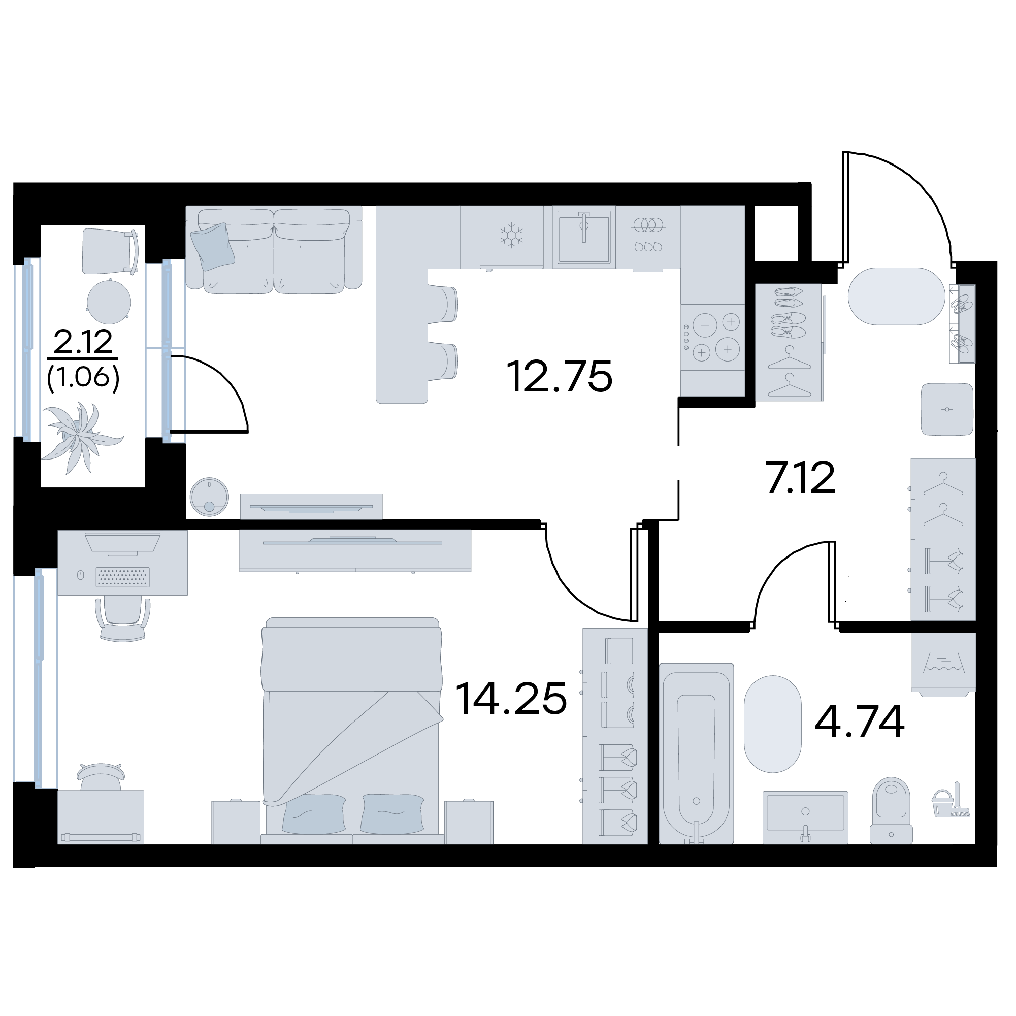 1-комнатная 39 м2 в ЖК GloraX Октябрьский корпус null этаж 2