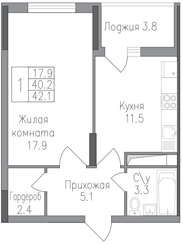 1-комнатная 42.1 м2 в ЖК undefined корпус null этаж 3