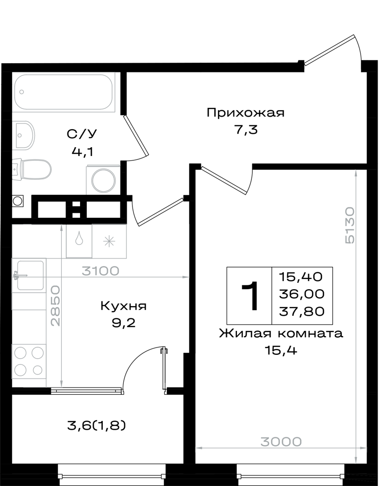 1-комнатная 37 м2 в ЖК Придонье корпус null этаж 9