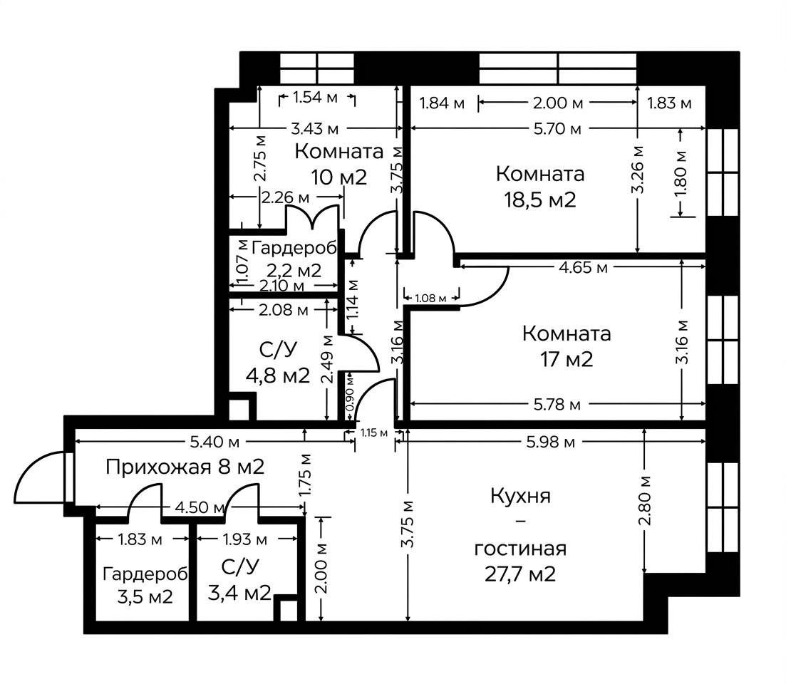 4-комнатная 100 м2 в ЖК undefined корпус null этаж 7