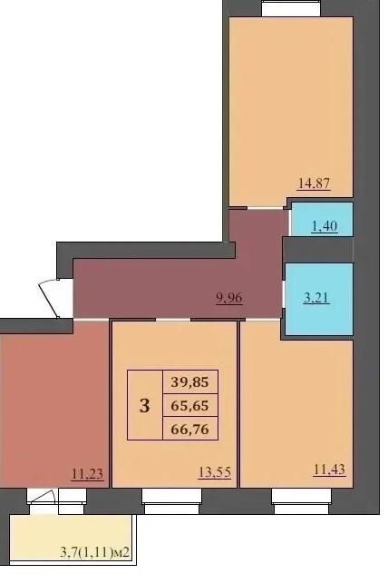 3-комнатная 66.8 м2 в ЖК undefined корпус null этаж 4