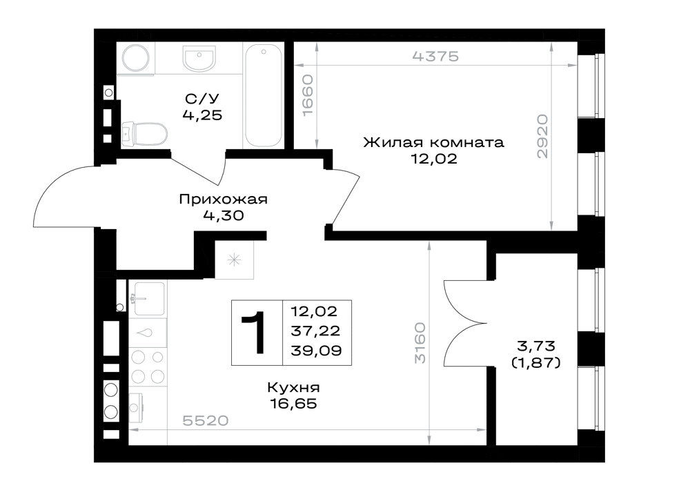 1-комнатная 39 м2 в ЖК Включи корпус null этаж 3