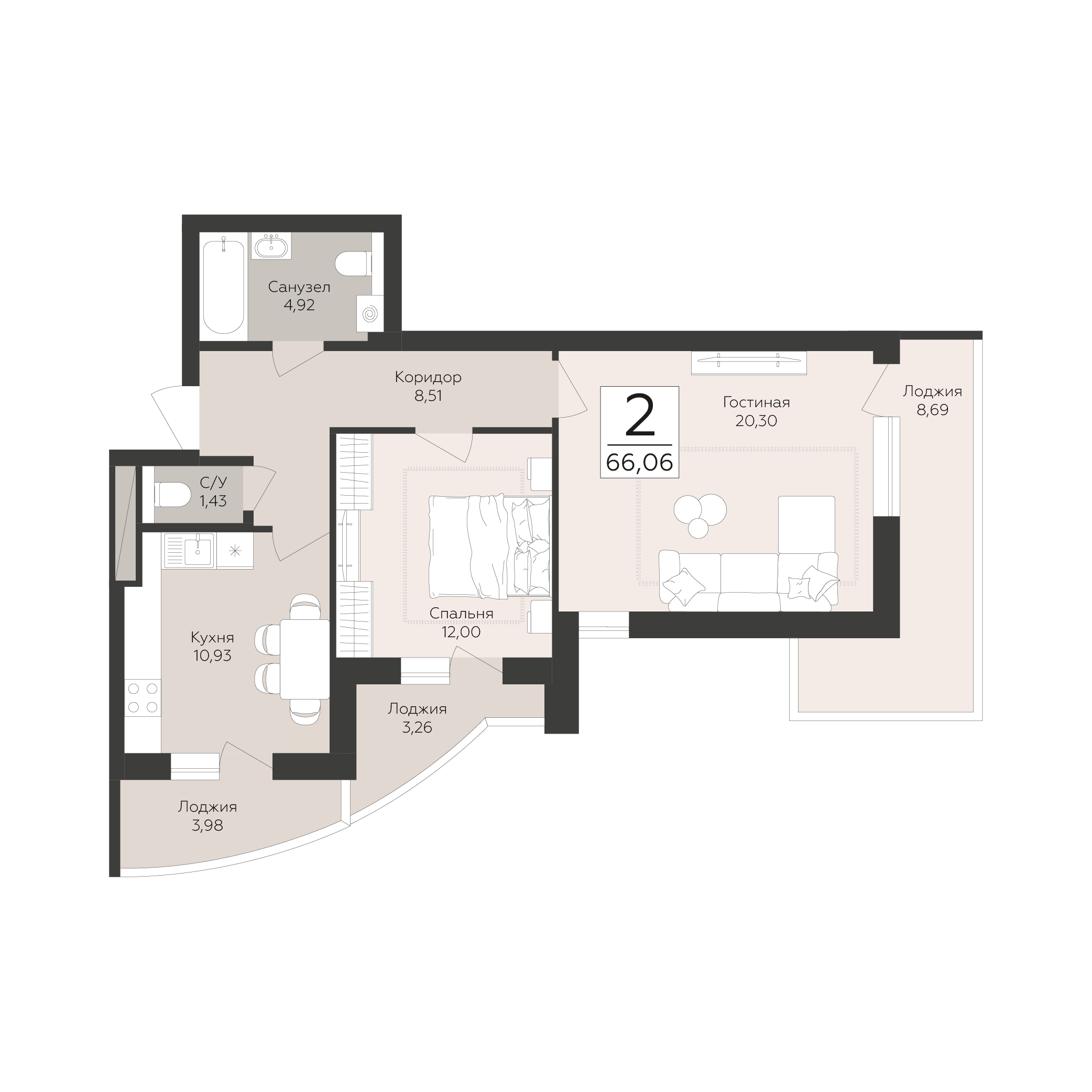 2-комнатная 66 м2 в ЖК Скай корпус null этаж 8