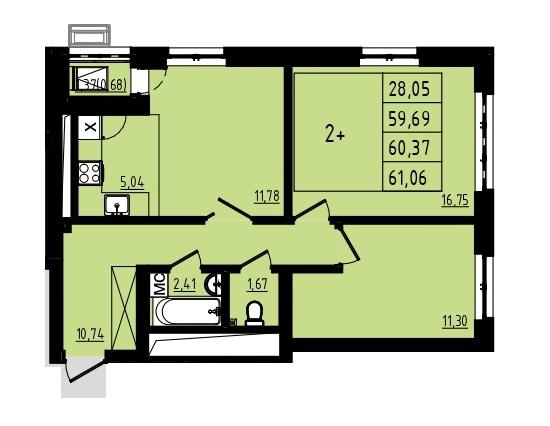 2-комнатная 60 м2 в ЖК Новоленд корпус null этаж 2