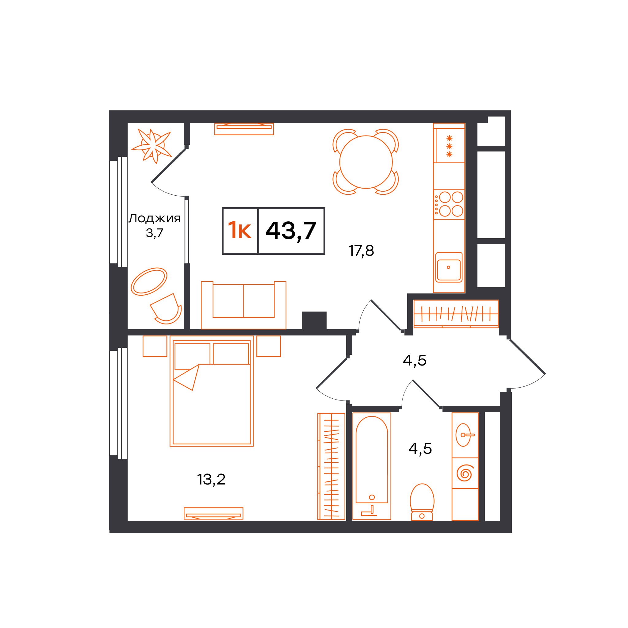 1-комнатная 43 м2 в ЖК Отличие корпус null этаж 12