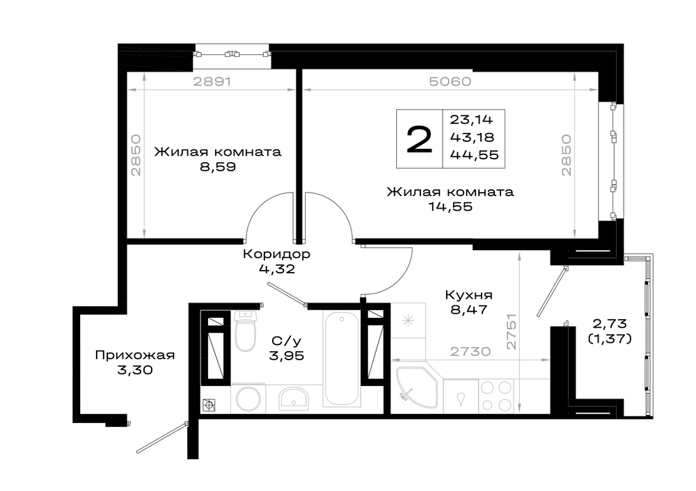 2-комнатная 44 м2 в ЖК Октябрь парк корпус null этаж 9