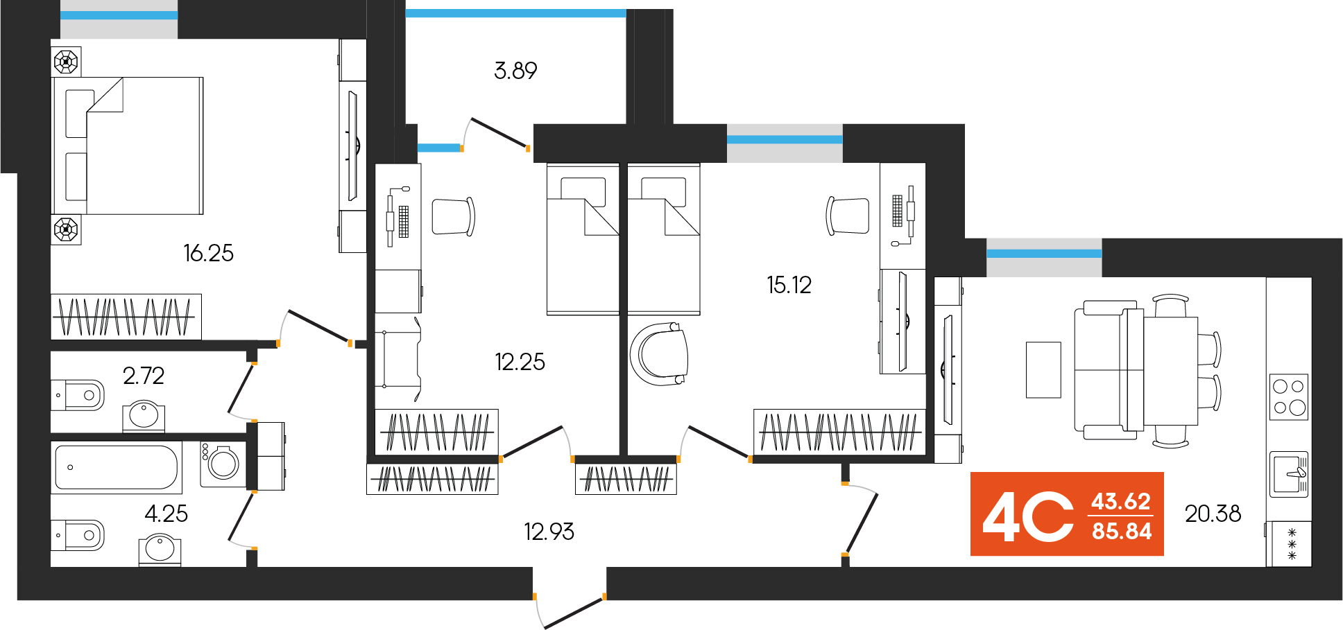 4-комнатная 85 м2 в ЖК Клубный дом Симфония корпус null этаж 7