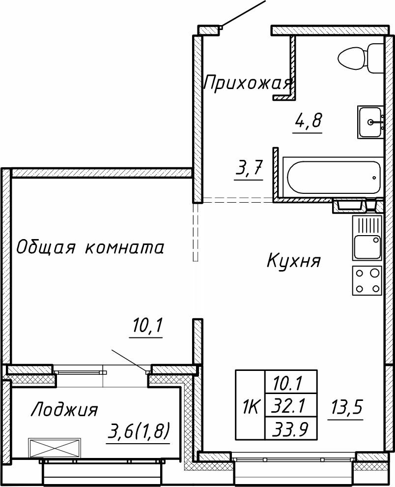 1-комнатная 33 м2 в ЖК Гренландия корпус null этаж 9