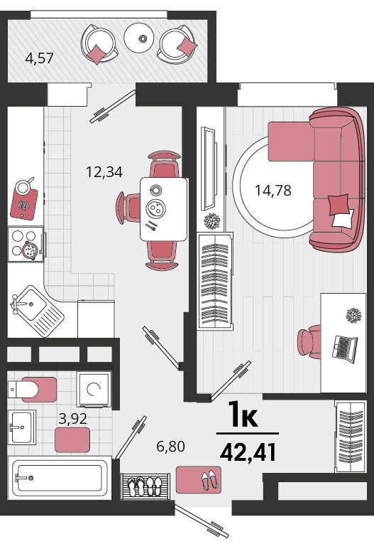1-комнатная 42 м2 в ЖК Родные просторы корпус null этаж 2