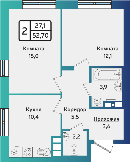 2-комнатная 52 м2 в ЖК ARTNOVA корпус null этаж 1