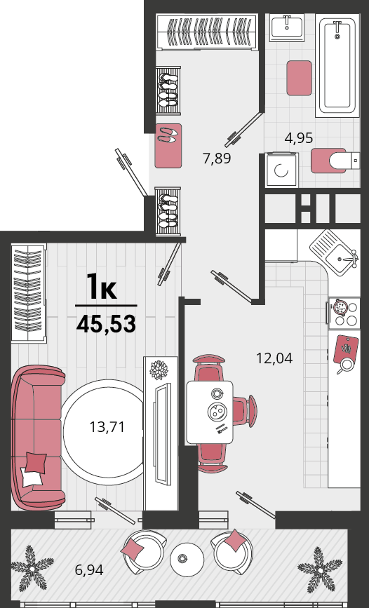 1-комнатная 45 м2 в ЖК Родные просторы корпус null этаж 5
