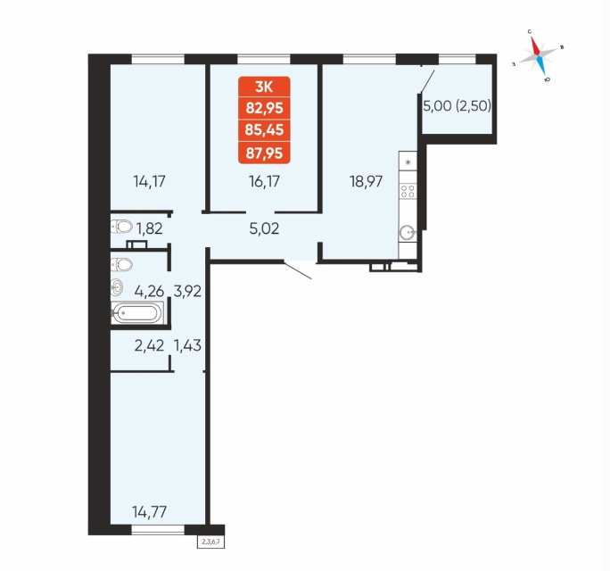 3-комнатная 85.5 м2 в ЖК undefined корпус null этаж 3