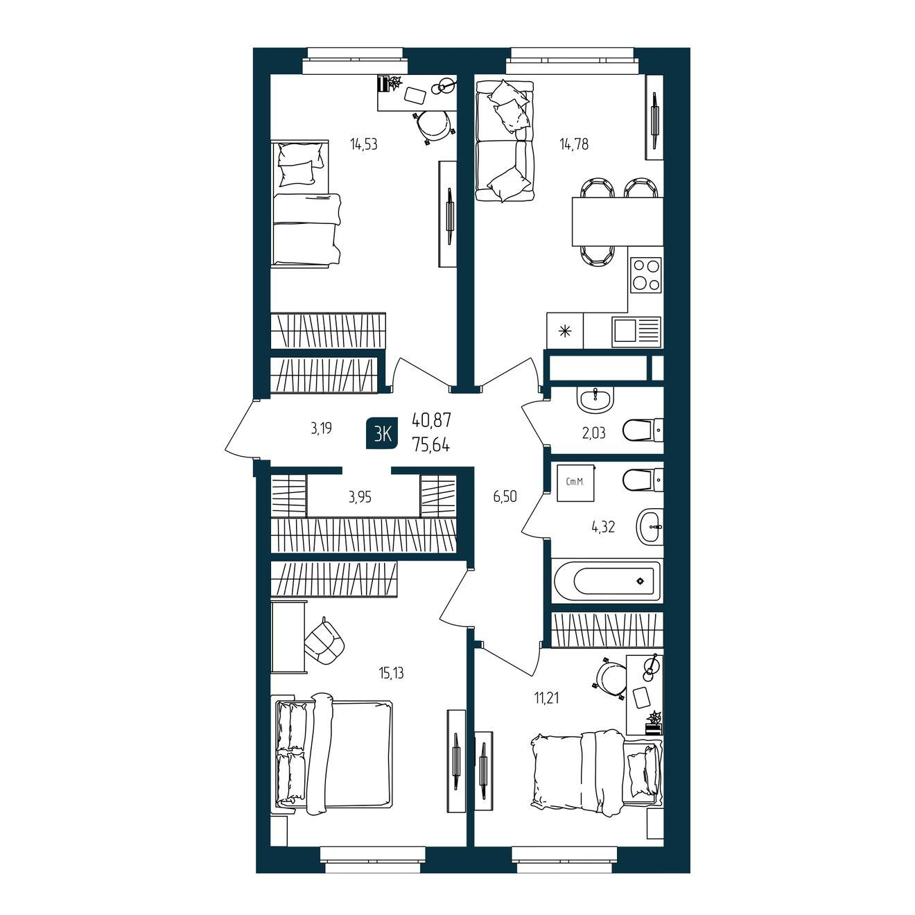3-комнатная 75 м2 в ЖК Квартал Мятный корпус null этаж 8