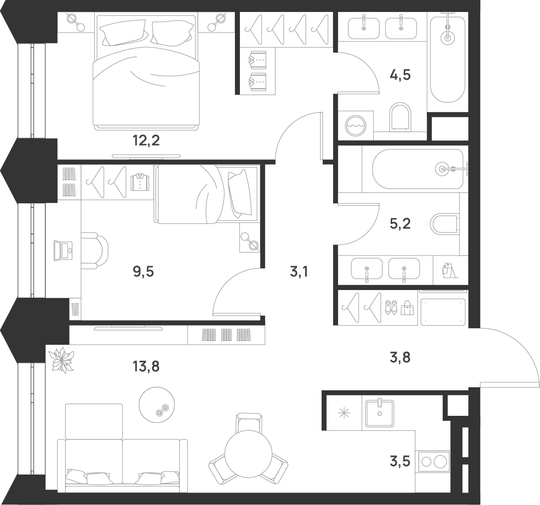 2-комнатная 55 м2 в ЖК Voice Towers корпус null этаж 20