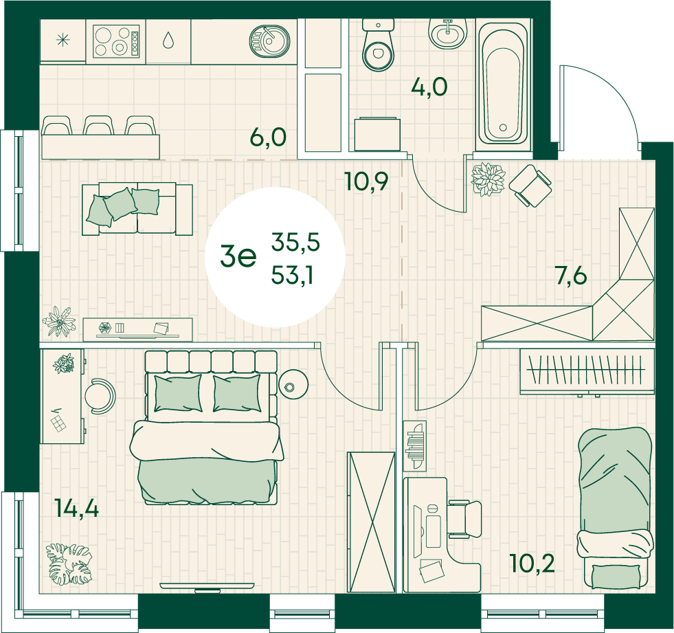 3-комнатная 53 м2 в ЖК Green Apple корпус null этаж 3