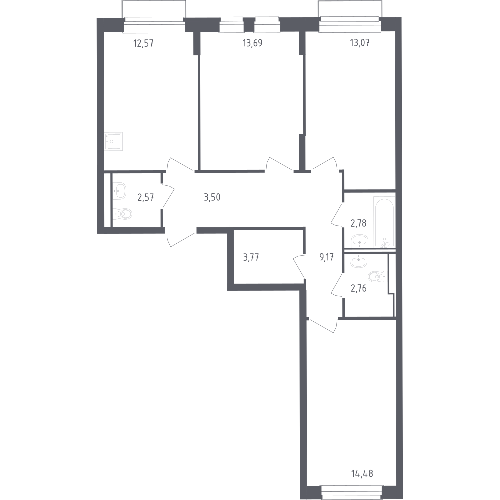 3-комнатная 77 м2 в ЖК Рублёвский Квартал корпус null этаж 9