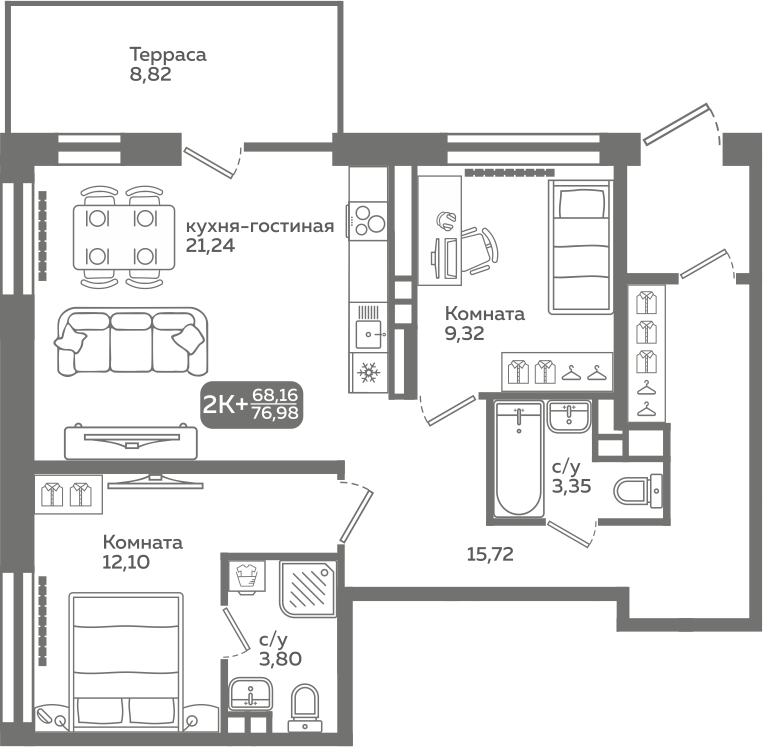 1-комнатная 47 м2 в ЖК Меридиан Слобода корпус null этаж 1