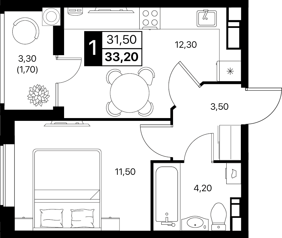 1-комнатная 33 м2 в ЖК Эстет корпус null этаж 12